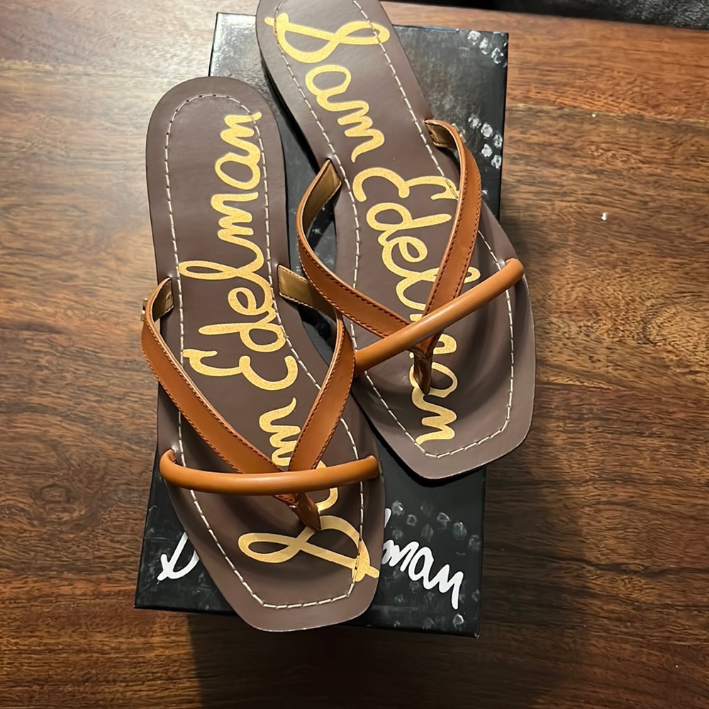 Sam Edelman Brown and Tan Cross-Strap Flip Flop Sandals